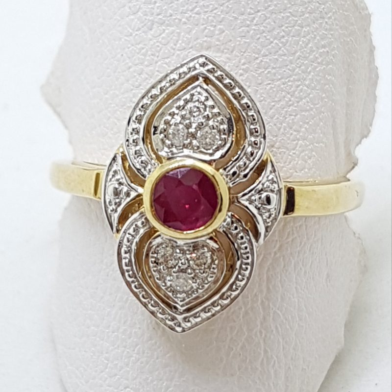 20200422_190213 9ct Yellow Gold Natural Ruby & Diamond Ornate Art Deco Style Cluster Ring