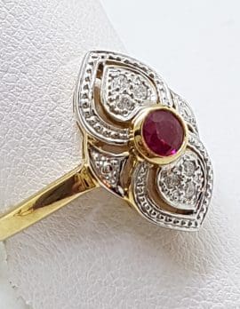9ct Yellow Gold Natural Ruby & Diamond Ornate Art Deco Style Cluster Ring