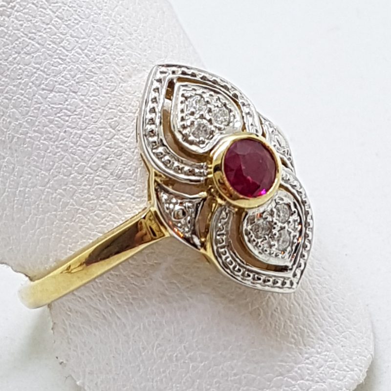 20200422_190230 9ct Yellow Gold Natural Ruby & Diamond Ornate Art Deco Style Cluster Ring