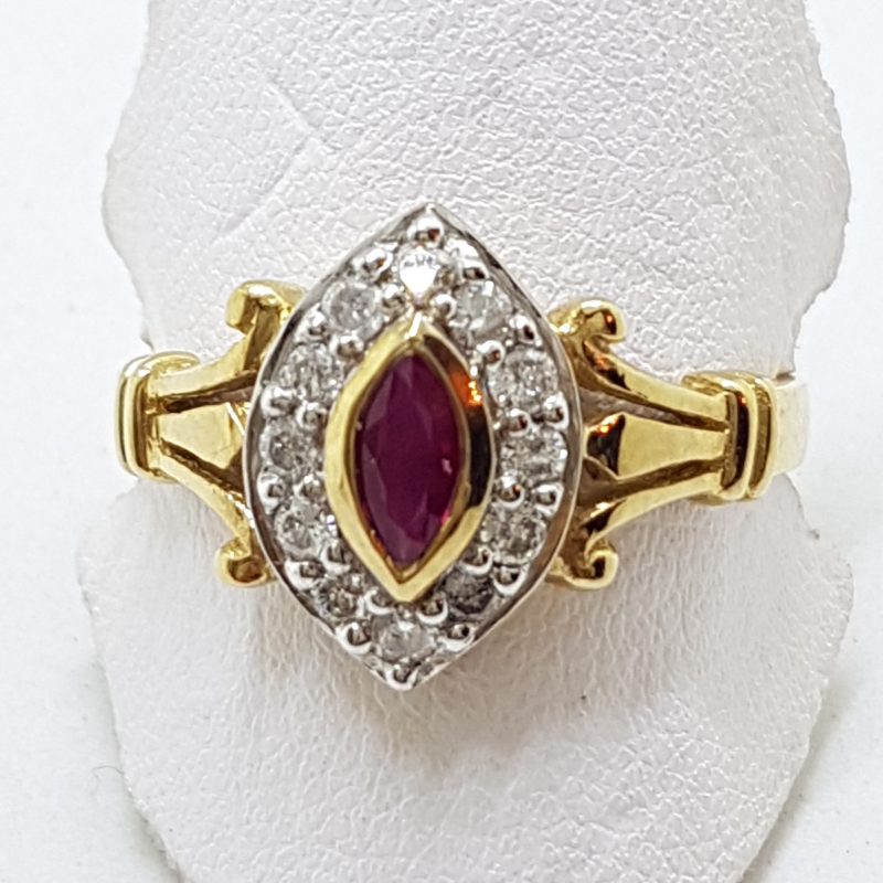 9ct Yellow Gold Natural Ruby & Diamond Ornate Marquis Shape Cluster Ring