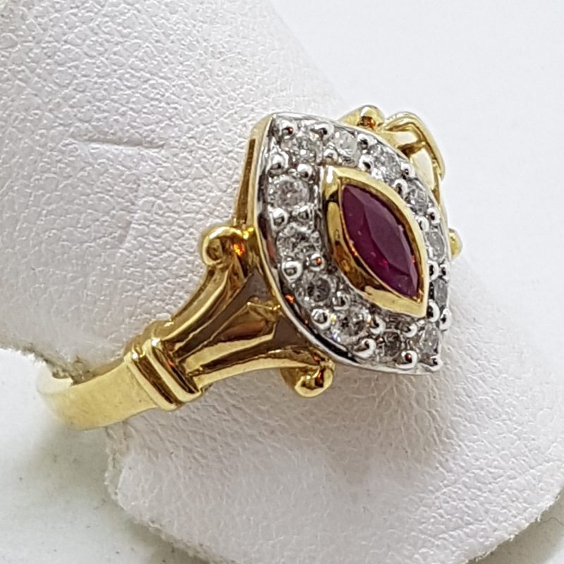 9ct Yellow Gold Natural Ruby & Diamond Ornate Marquis Shape Cluster Ring
