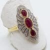 9ct Yellow Gold Natural Ruby & Diamond Ornate Long Shape Art Deco Style Cluster Ring
