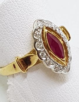 9ct Yellow Gold Natural Ruby & Diamond Marquis Shape Cluster Ring