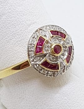 9ct Yellow Gold Natural Ruby & Diamond Round Cluster Art Deco Style Ring