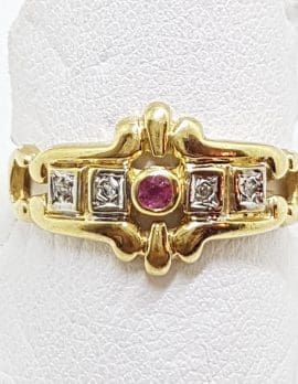 9ct Yellow Gold Natural Ruby & Diamond Ornate Ring