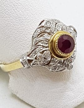 9ct Yellow Gold Natural Ruby & Diamond Large Ornate Cluster Art Deco Style Ring