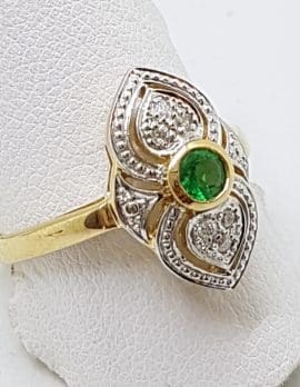 9ct Yellow Gold Natural Emerald & Diamond Ornate Art Deco Style Cluster Ring