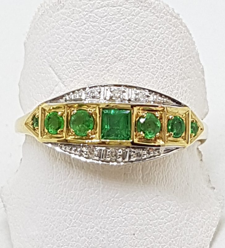 9ct Yellow Gold Natural Emerald & Diamond Bridge Set / Eternity Art Deco Style Ring