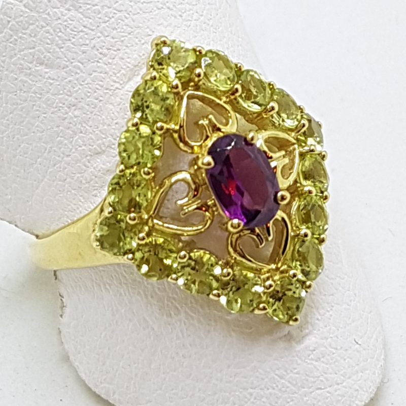 9ct Yellow Gold Peridot & Rhodolite Garnet Ornate Filigree Large Ring