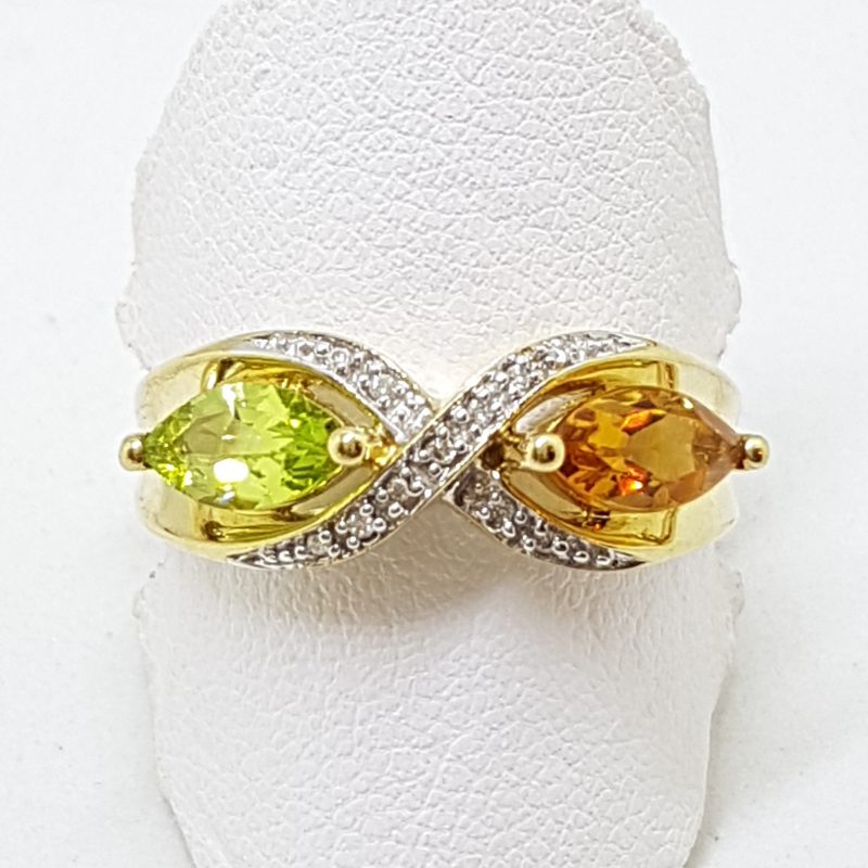 9ct Yellow Gold Marquis Peridot, Citrine & Diamond Ring