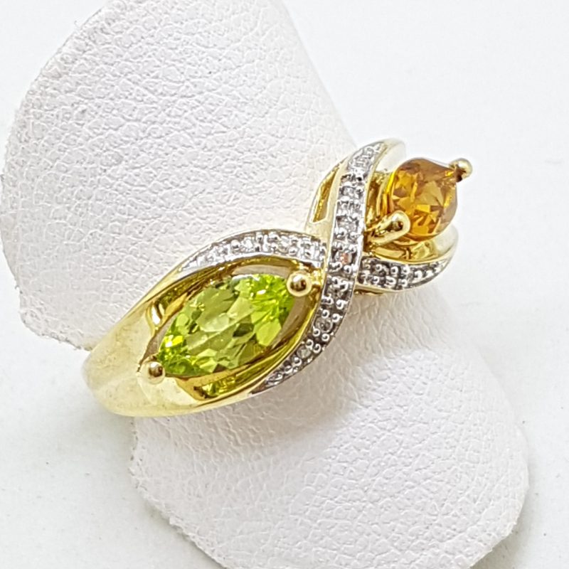 9ct Yellow Gold Marquis Peridot, Citrine & Diamond Ring