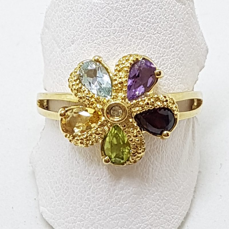 9ct Yellow Gold Peridot, Citrine, Topaz, Amethyst, Garnet & Diamond Flower Cluster RingRing