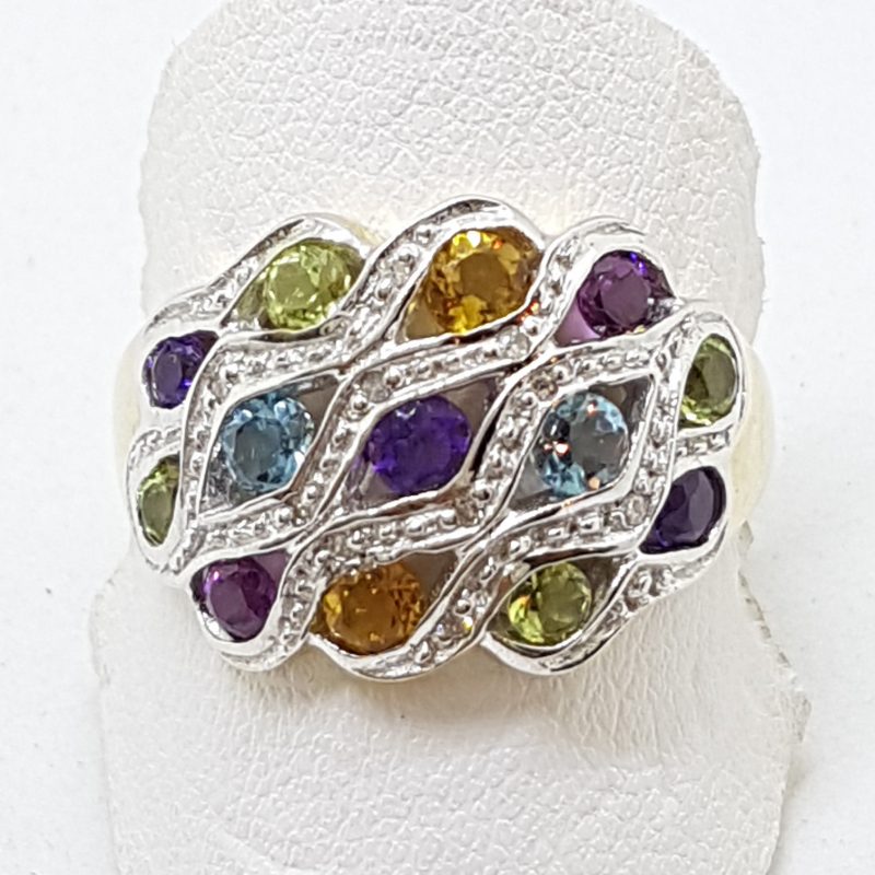 9ct Gold Multi-Coloured Gemstone Wide Ring – Citrine, Topaz, Peridot, Amethyst & Diamond