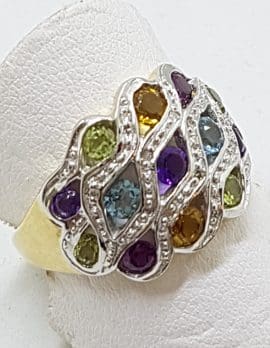 9ct Gold Multi-Coloured Gemstone Wide Ring – Citrine, Topaz, Peridot, Amethyst & Diamond