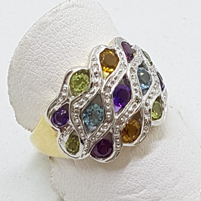 9ct Gold Multi-Coloured Gemstone Wide Ring – Citrine, Topaz, Peridot, Amethyst & Diamond