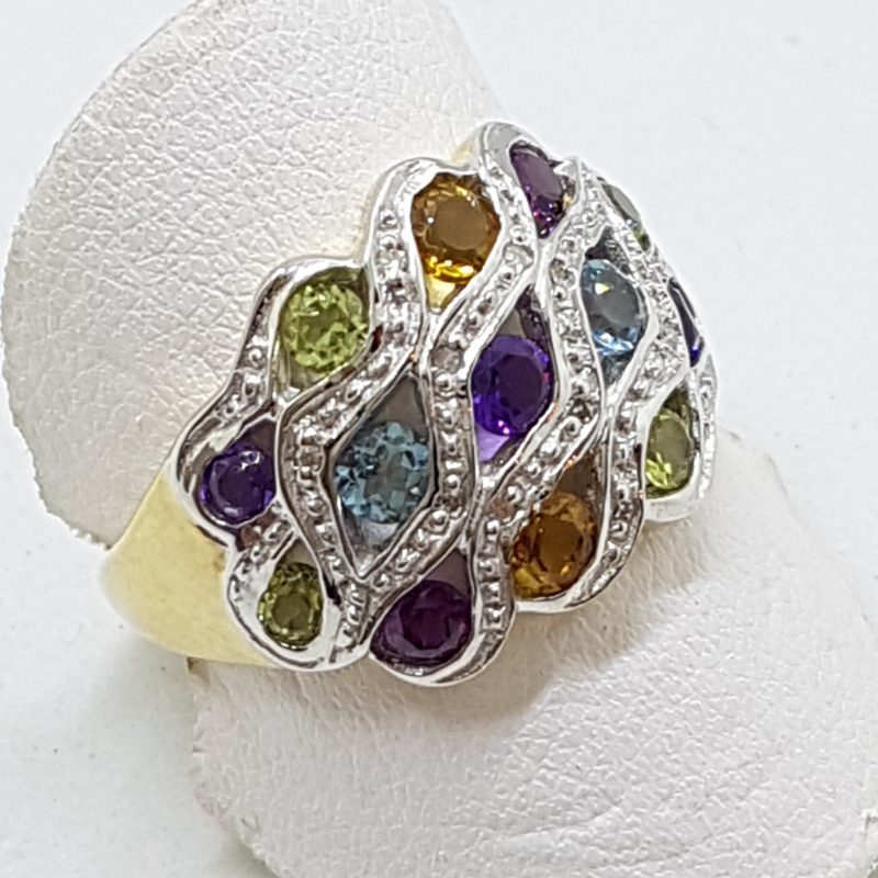 9ct Gold Multi-Coloured Gemstone Wide Ring – Citrine, Topaz, Peridot, Amethyst & Diamond