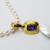 14ct Yellow Gold Long Handmade Iolite & Baroque Pearl Enhancer Pendant on Pearl Chain