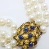 14ct Yellow Gold Large Ornate Sapphire Clasp on Multi - Strand Cultured Pearl Long Necklace / Chain