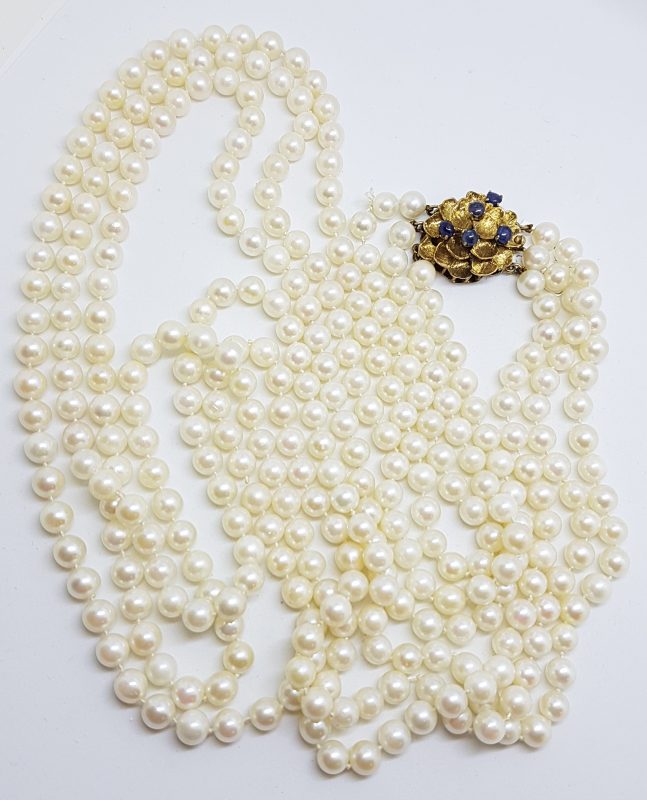 14ct Yellow Gold Large Ornate Sapphire Clasp on Multi - Strand Cultured Pearl Long Necklace / Chain