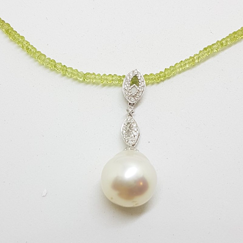 18ct White Gold Long Diamond & South Sea Pearl Pendant on Faceted Peridot Bead Chain