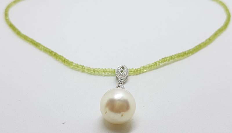 18ct White Gold Long Diamond & South Sea Pearl Pendant on Faceted Peridot Bead Chain