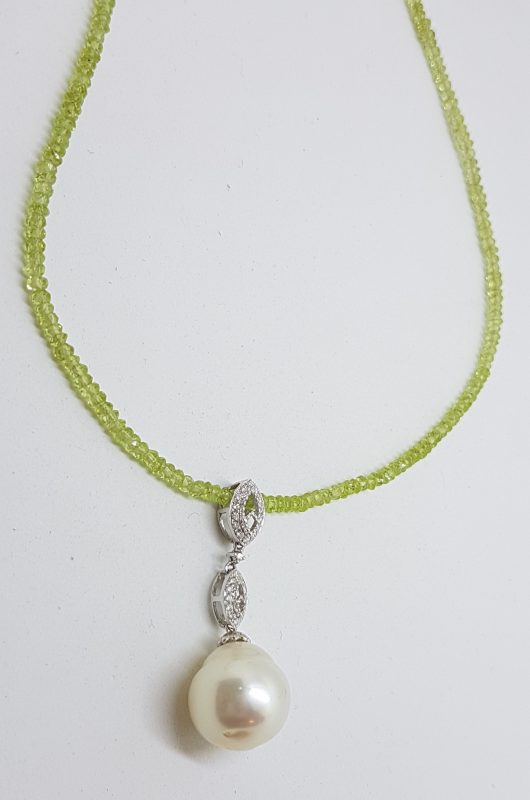 18ct White Gold Long Diamond & South Sea Pearl Pendant on Faceted Peridot Bead Chain