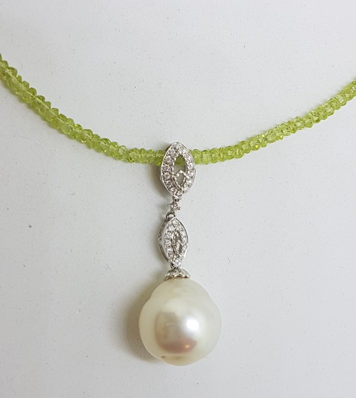 18ct White Gold Long Diamond & South Sea Pearl Pendant on Faceted Peridot Bead Chain