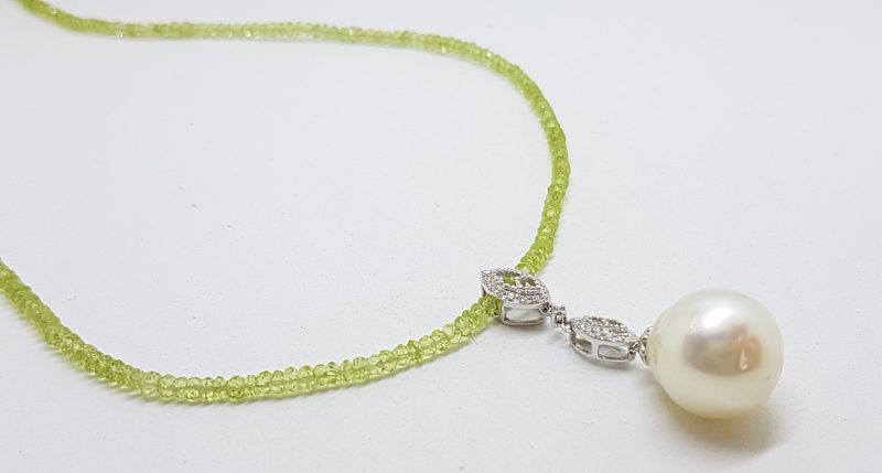 18ct White Gold Long Diamond & South Sea Pearl Pendant on Faceted Peridot Bead Chain