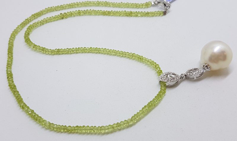 18ct White Gold Long Diamond & South Sea Pearl Pendant on Faceted Peridot Bead Chain