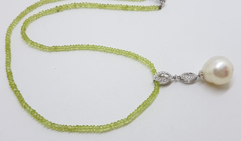 18ct White Gold Long Diamond & South Sea Pearl Pendant on Faceted Peridot Bead Chain