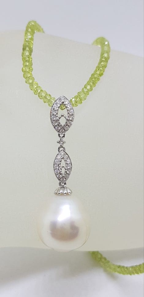 18ct White Gold Long Diamond & South Sea Pearl Pendant on Faceted Peridot Bead Chain