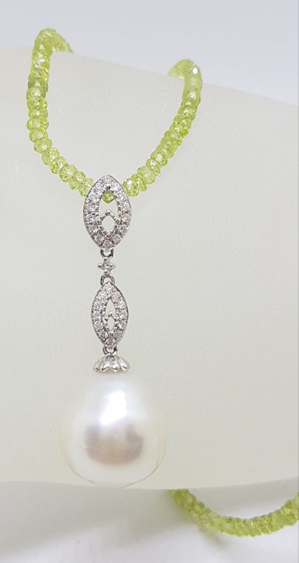 18ct White Gold Long Diamond & South Sea Pearl Pendant on Faceted Peridot Bead Chain