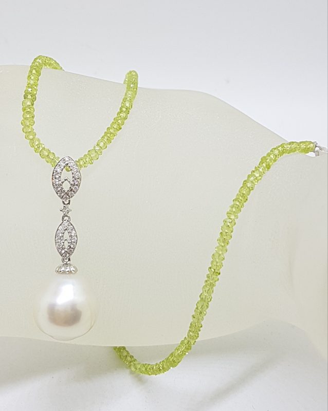 18ct White Gold Long Diamond & South Sea Pearl Pendant on Faceted Peridot Bead Chain