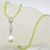 18ct White Gold Long Diamond & South Sea Pearl Pendant on Faceted Peridot Bead Chain