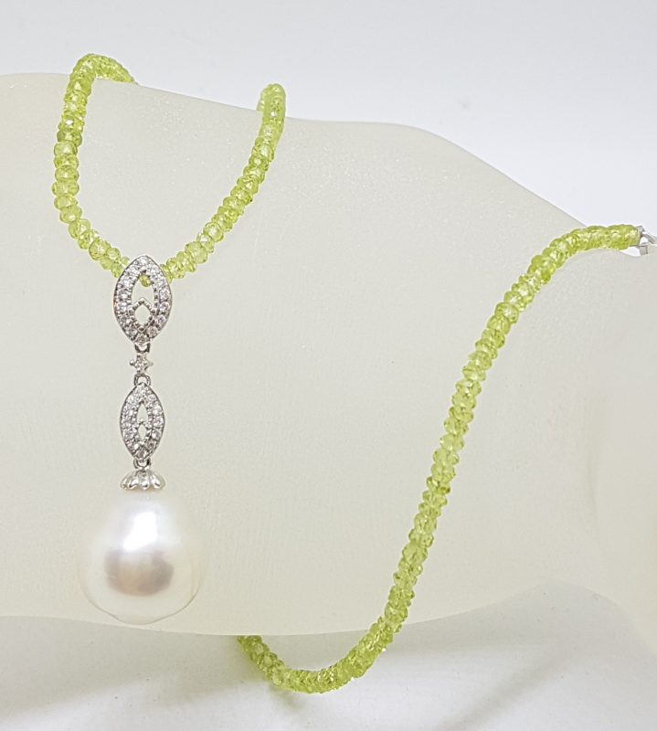 18ct White Gold Long Diamond & South Sea Pearl Pendant on Faceted Peridot Bead Chain