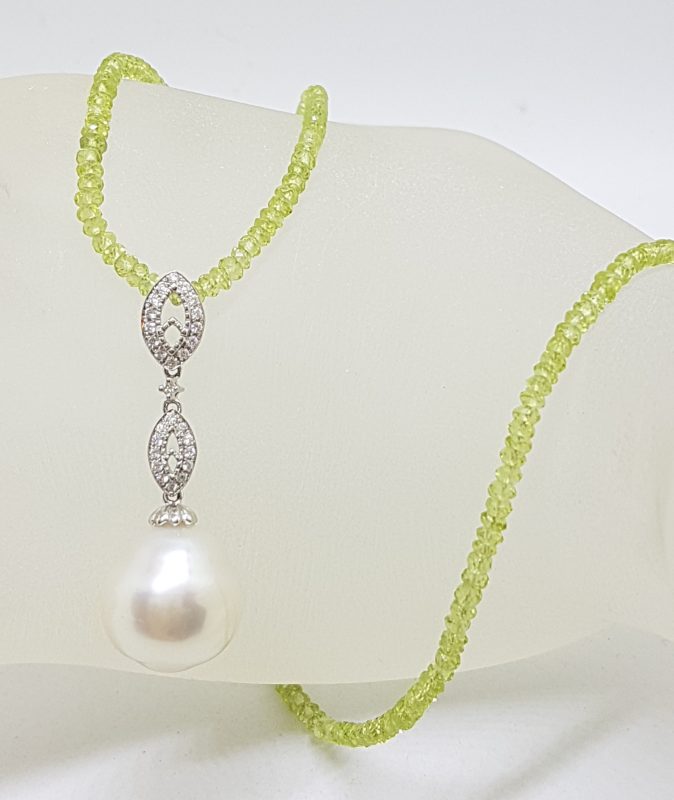18ct White Gold Long Diamond & South Sea Pearl Pendant on Faceted Peridot Bead Chain