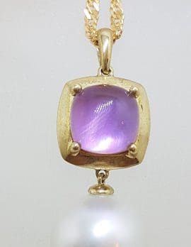 9ct Yellow Gold Round Cabochon Cut Amethyst in Square Setting with South Sea Pearl Pendant on Gold Chain