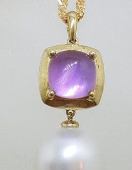 9ct Yellow Gold Round Cabochon Cut Amethyst in Square Setting with South Sea Pearl Pendant on Gold Chain