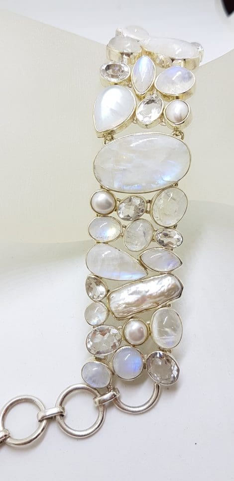 Sterling Silver Wide Moonstone, Pearl, Clear Quartz Bracelet