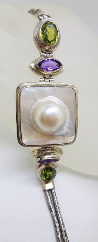 Sterling Silver Square Mabe Pearl. Peridot and Amethyst Bracelet