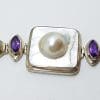 Sterling Silver Square Mabe Pearl. Peridot and Amethyst Bracelet
