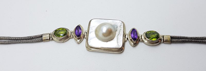 Sterling Silver Square Mabe Pearl. Peridot and Amethyst Bracelet