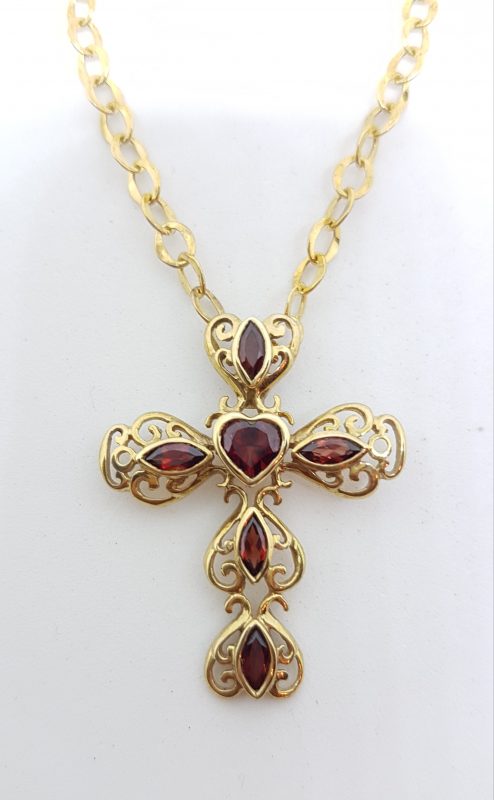 9ct Yellow Gold Large Ornate Filigree Garnet Cross / Crucifix Pendant on Gold Chain