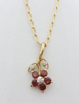 9ct Yellow Gold Garnet & Diamond Flower Pendant on Gold Chain