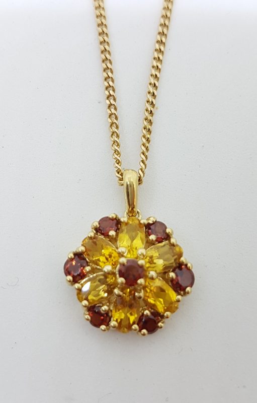 9ct Yellow Gold Garnet & Citrine Flower Cluster Pendant on Gold Chain