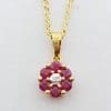 9ct Yellow Gold Natural Ruby & Diamond Daisy Flower Cluster Pendant on Gold Chain