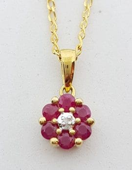 9ct Yellow Gold Natural Ruby & Diamond Daisy Flower Cluster Pendant on Gold Chain