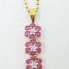 9ct Yellow Gold Natural Ruby & Diamond Long Three Daisy Flower Cluster Pendant on Gold Chain