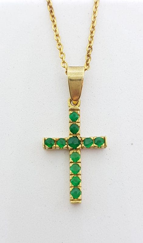 9ct Yellow Gold Natural Emerald Cross / Crucifix Pendant on Gold Chain