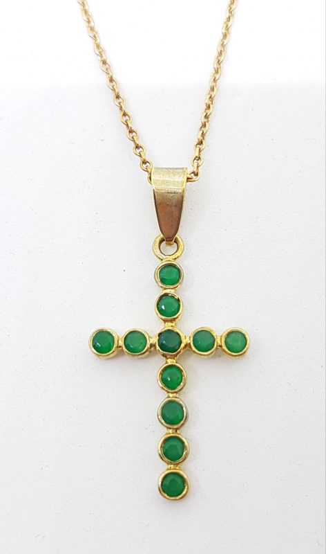 9ct Yellow Gold Natural Emerald Cross / Crucifix Pendant on Gold Chain